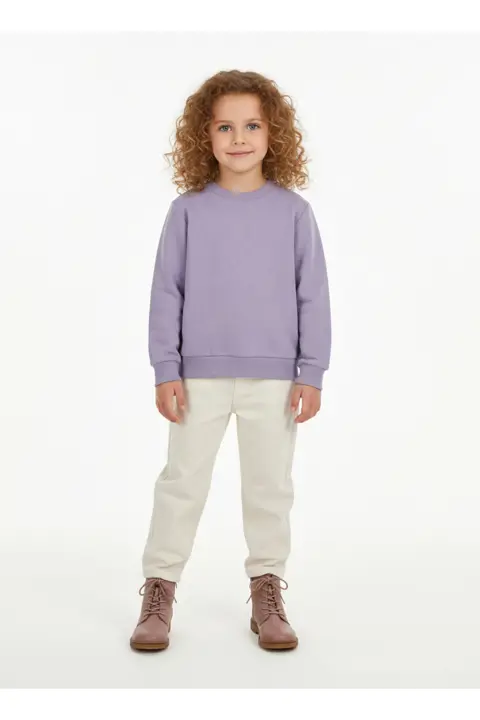 Uzun Kollu Pamuklu - Şardonlu Baskısız Kız Çocuk Sweatshirt